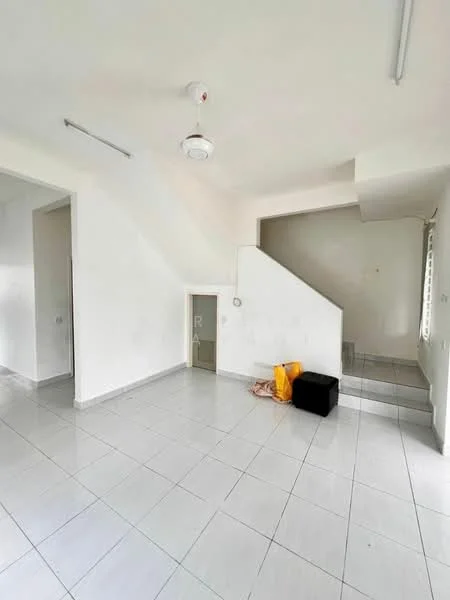 Room features: white painted walls, white ceiling, tile flooring, ceiling fan, staircase, natural light from windows, empty space, corner with small door.