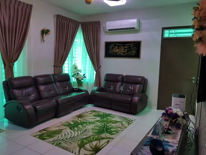 Living features: 3-seater leather sofa in dark brown, 2-seater leather sofa in dark brown, area rug with tropical leaf pattern, white tiled flooring, green sheer curtains, wall-mounted air conditioning unit, framed artwork on wall, decorative wall clock, light fixture on ceiling; style: modern.