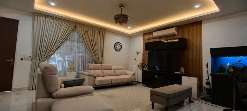 Living features: cream painted walls, recessed ceiling with LED lighting, floor-to-ceiling windows with sheer curtains, light-colored fabric sofa, ottoman, area rug with geometric pattern, wall-mounted TV, black entertainment unit, clock on wall, decorative wall paneling, air conditioning unit; style: modern.