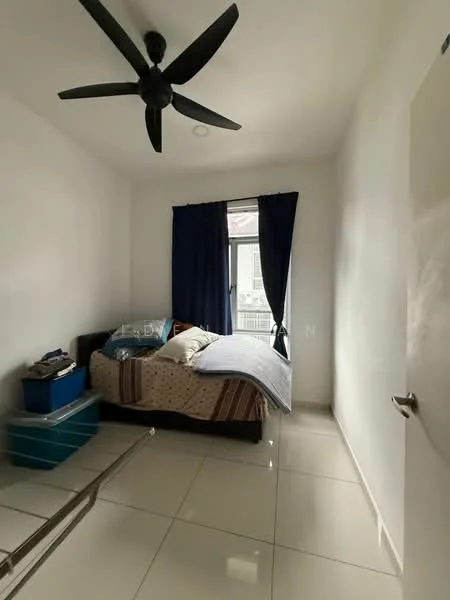 Bedroom features: queen-size bed with patterned bedding, blue curtains, floor-to-ceiling window, white painted walls, polished ceramic tile flooring, 5-blade ceiling fan, built-in wardrobe, decorative throw pillows, nightstand, stacked storage boxes; style: modern.