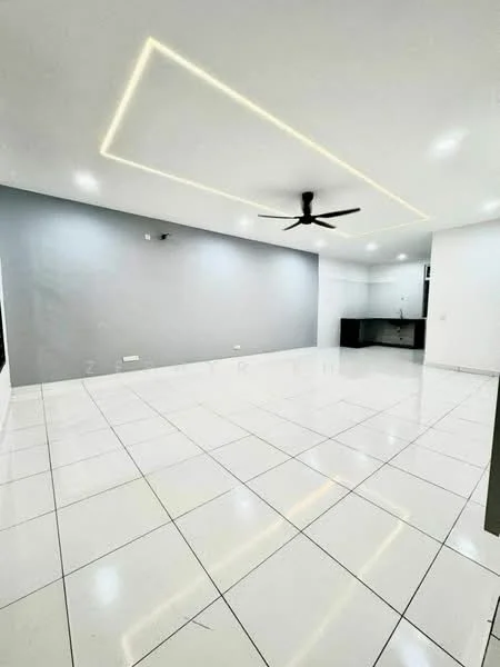 Living features: white painted walls, grey accent wall, polished ceramic tile flooring, 5-blade ceiling fan with integrated LED light, recessed lighting, open layout, large windows, kitchen area visible in background; style: modern.