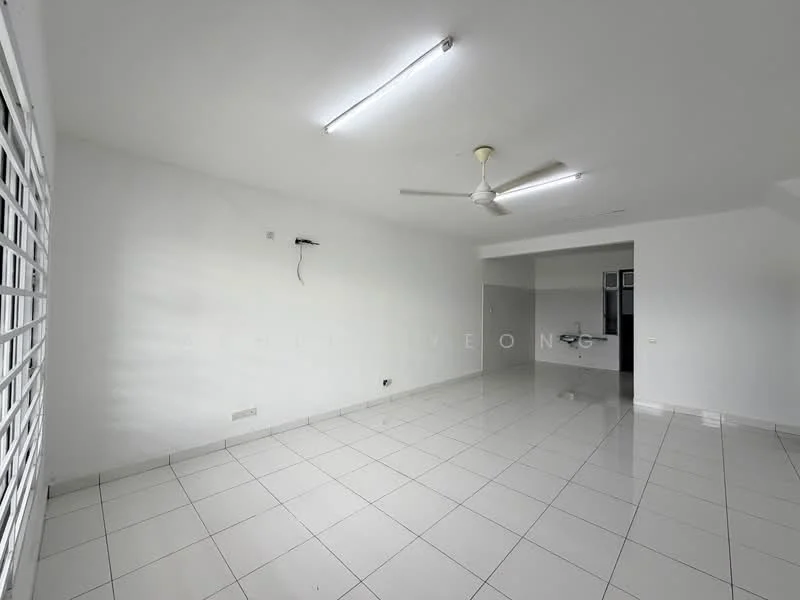 Living features: white painted walls, glossy white tile flooring, ceiling fan, LED tube lights, wall-mounted electrical outlet, window with horizontal slats, open layout to kitchen, no visible furniture; style: minimalist.