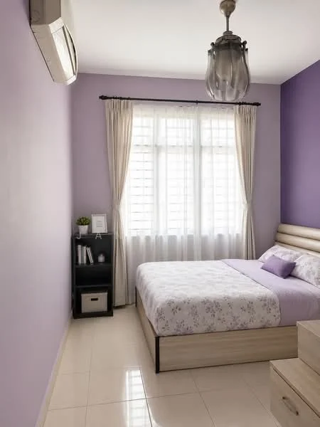 Bedroom features: purple painted walls, white sheer curtains, floor-to-ceiling windows, queen-size bed with upholstered headboard, bedding with floral pattern, nightstand with drawer, black bookshelf, decorative plant on shelf, recessed ceiling light, 1 wall-mounted split AC, glossy tile flooring; style: modern.