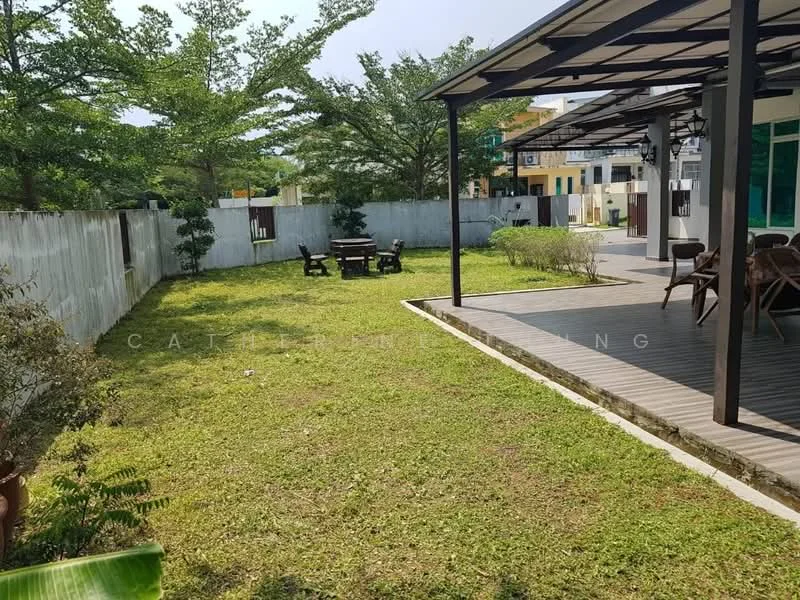 Exterior type: landscape garden; features: manicured lawn, mature trees, stone-paved walkway, outdoor seating area with wooden furniture, fenced perimeter, covered patio area, garden plants, open space; style: modern.