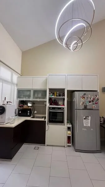 Kitchen features: white cabinetry, dark brown lower cabinets, stainless-steel fridge, built-in oven, countertop with cream surface, ceramic tile flooring, recessed downlights, modern pendant light fixture, open shelving, microwave, coffee machine; style: modern.