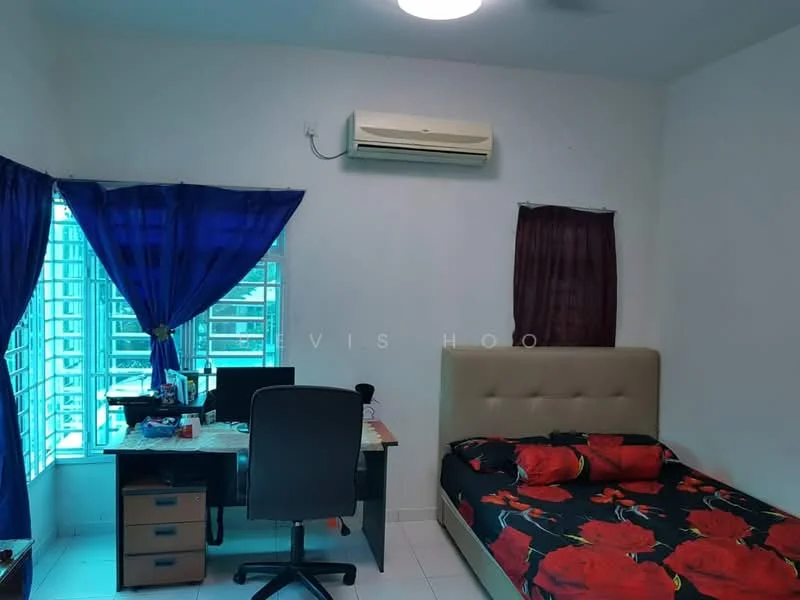 Bedroom features: queen-size bed with floral bedding, upholstered headboard, study desk, office chair, wooden storage cabinet, floor-to-ceiling windows, blue curtains, air conditioning unit, white painted walls, tile flooring, ceiling light fixture; style: modern.