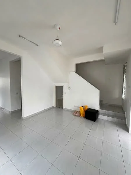 Room features: white painted walls, tile flooring, ceiling fan, staircase, window with natural light, door leading to storage area, empty space, neutral color scheme; style: modern.