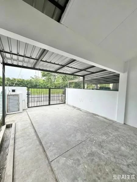 Exterior type: car porch; features: covered car porch, concrete flooring, metal roof, black metal gate, white painted walls, surrounded by greenery; style: modern.