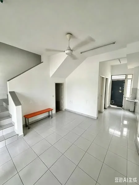 Room features: white painted walls, white ceiling, ceiling fan, tile flooring, staircase, doorway leading to another room, doorway leading outside, bench seating, large windows, natural light; style: modern.