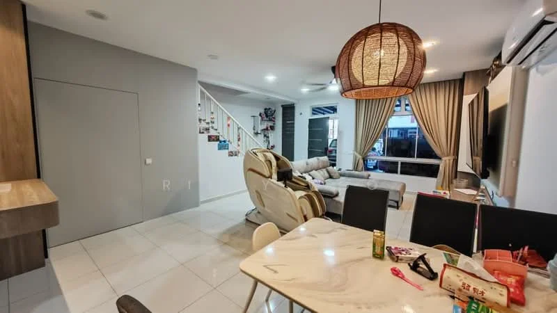 Living features: light grey sectional sofa, marble dining table, black dining chairs, recessed ceiling lights, large windows with sheer curtains, white tiled flooring, wall-mounted air conditioning unit, decorative wall art, wooden accent wall, hanging rattan pendant light; style: modern. Room features: grey painted walls, staircase with white railing, open layout.