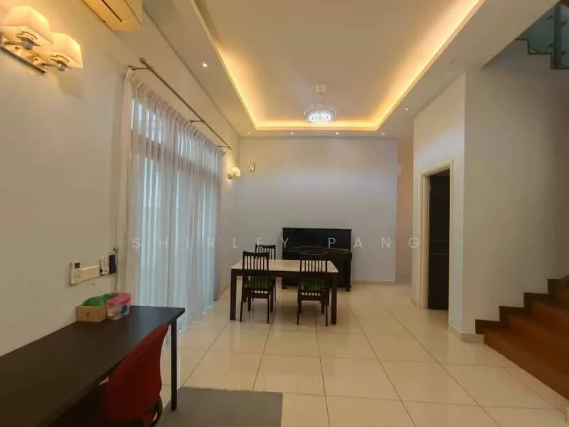 Dining features: white painted walls, recessed ceiling with LED lighting, floor-to-ceiling windows with sheer curtains, white ceramic tile flooring, dining table with four chairs, wall-mounted TV, ceiling fan with light, decorative wall sconces, open layout to living area, staircase visible in background; style: modern. Room features: wooden staircase, unknown wall surface, unknown flooring.