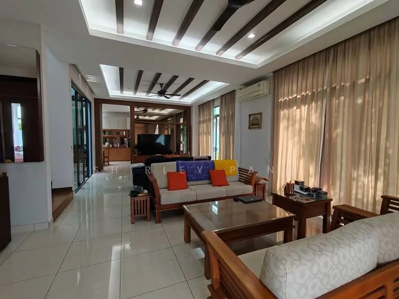 Living features: cream painted walls, white ceiling with recessed lighting, wooden ceiling beams, large windows with sheer curtains, floor-to-ceiling glass doors, light-colored tiled flooring, 3-seater fabric sofa in beige, 2-seater wooden sofa, wooden coffee table, wooden side tables, decorative wall art, potted plants, ceiling fan, TV console with a piano in the background; style: modern; view: garden.