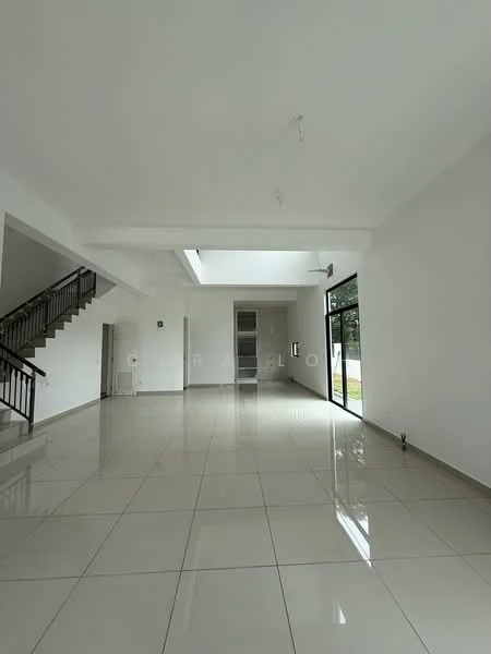 Living features: white painted walls, polished ceramic tile flooring, tray ceiling, large floor-to-ceiling windows, sliding glass door, natural light from skylight, open layout, staircase with metal railing; style: modern; view: garden.