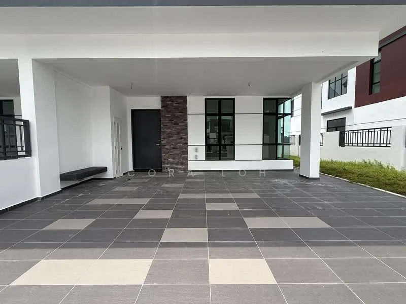 Exterior features: grey tiled flooring, white painted walls, black front door, large windows, stone accent wall, covered porch area, landscaped grass area, open space, modern architectural design; style: modern.