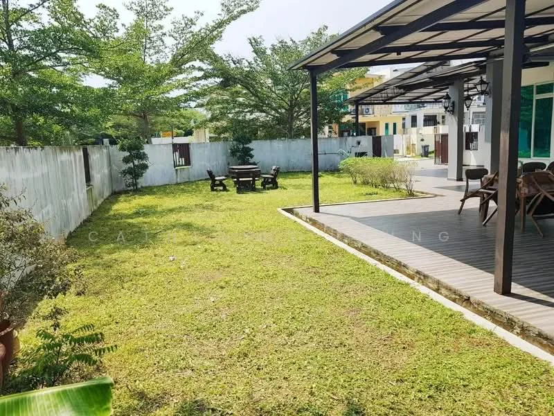 Exterior features: manicured lawn, mature trees, concrete wall, patio area with outdoor seating, wooden outdoor furniture, landscaped garden, surrounded by greenery; style: modern.