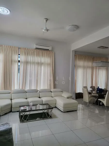 Living features: white leather sectional sofa, glass coffee table, white tiled flooring, recessed ceiling lights, 5-blade ceiling fan, wall-mounted split AC, floor-to-ceiling windows with sheer curtains, decorative wall mirror; style: modern.