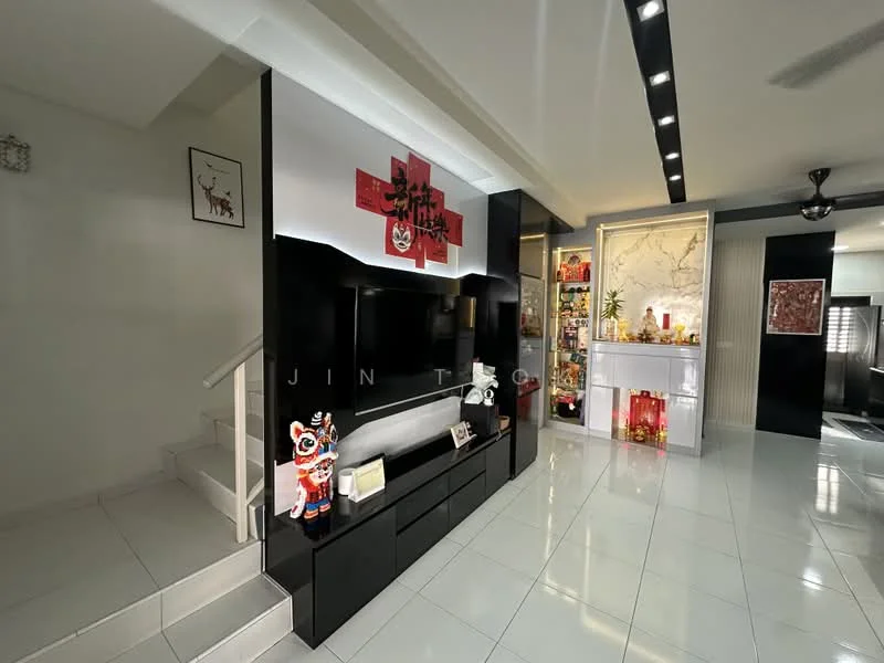 Living features: white tiled flooring, black feature wall with decorative elements, built-in entertainment unit, recessed lighting, decorative wall art, staircase leading to upper level, decorative figurines, open layout, large windows for natural light; style: modern.