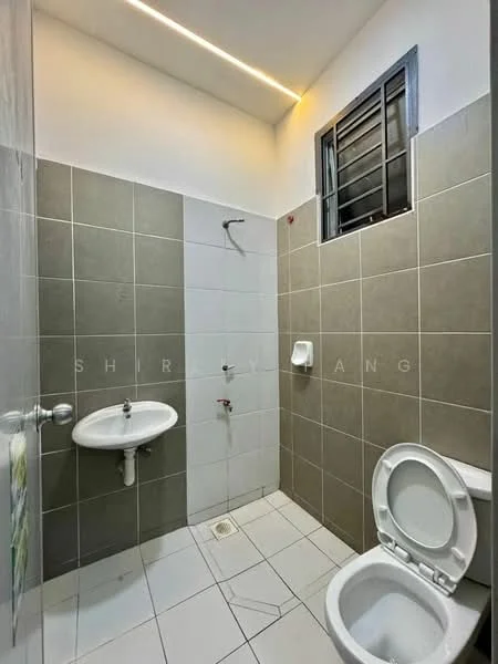 Bathroom features: white ceramic toilet, wall-mounted sink, chrome faucet, grey tiled walls, white tiled walls, white floor tiles, shower head, window with metal grille, LED strip lighting; style: modern.