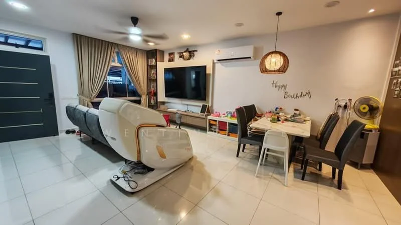 Living features: grey fabric sectional sofa, white coffee table, wall-mounted TV, TV console, decorative wall art, ceiling fan with light, recessed downlights, cream curtains, white tiled flooring, air conditioning unit, decorative pendant light, dining table with chairs, colorful storage units; style: modern.