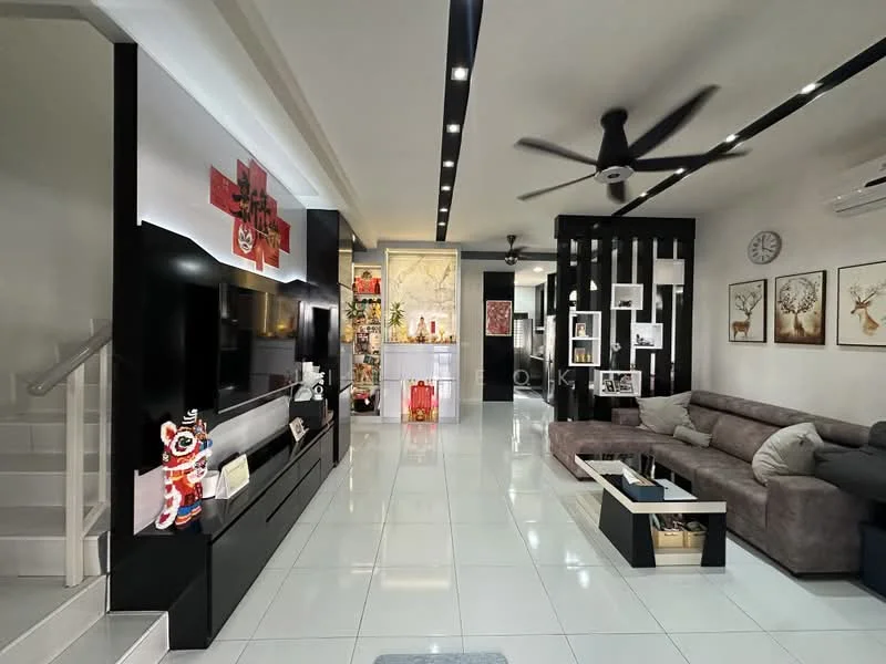 Living features: grey L-shape sectional sofa, black coffee table, wall-mounted TV, white tiled flooring, recessed LED downlights, 5-blade ceiling fan, decorative wall art, black feature wall with shelves, white walls, decorative figurines, open shelving units, wall clock; style: modern.