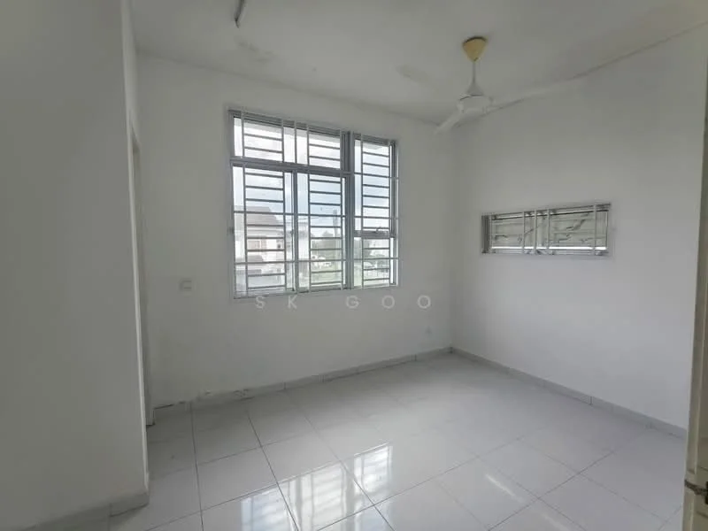 Room features: white painted walls, white ceiling, ceiling fan, large windows, tile flooring, natural light, window with grille, neutral decor; style: minimalist; view: garden.