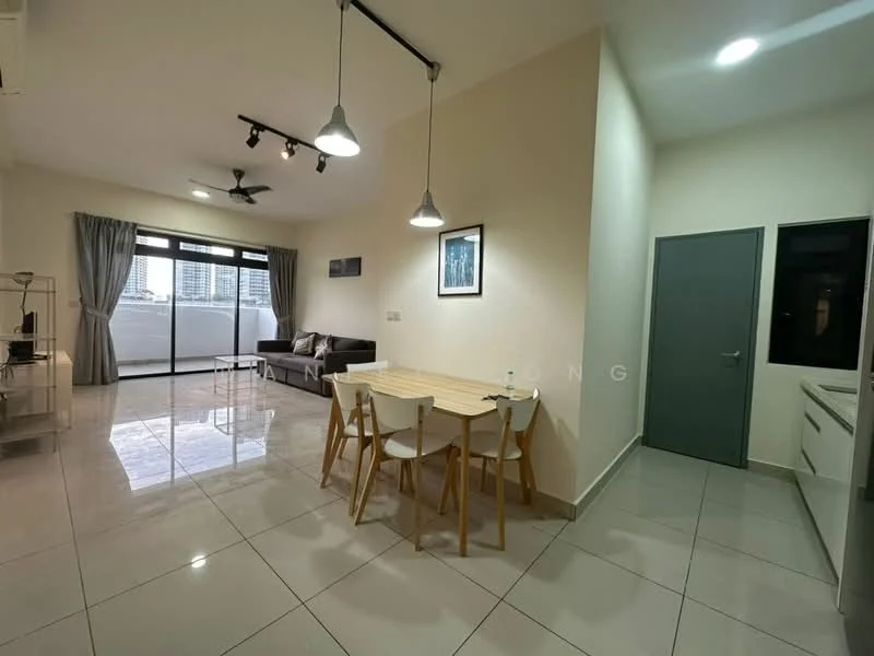 Living features: grey fabric sofa, 4-seater dining table with wooden legs, white walls, recessed downlights, floor-to-ceiling windows, curtains, polished ceramic tile flooring, ceiling fan, wall-mounted TV, decorative artwork, open layout to kitchen, sliding glass door leading to balcony; style: modern; view: city. Kitchen features: white cabinetry, stainless-steel sink, built-in oven, freestanding range oven, ceramic tile backsplash, refrigerator, countertop space, under-cabinet lighting; style: modern.