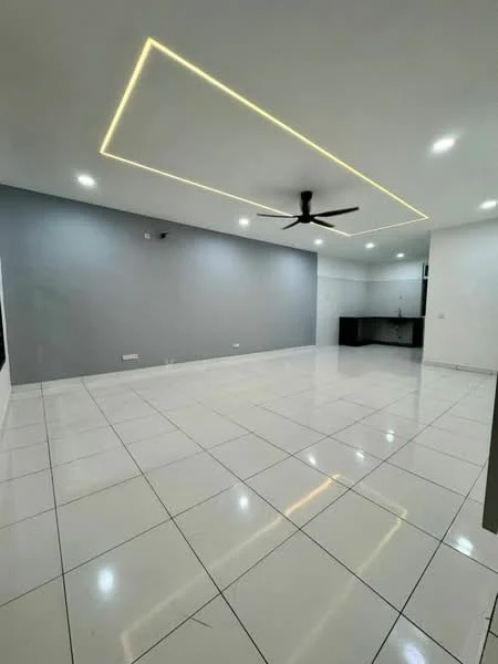 Living features: white painted walls, grey accent wall, polished ceramic tile flooring, tray ceiling with LED strip lighting, 5-blade ceiling fan, floor-to-ceiling windows, open layout, kitchenette area in background; style: modern.