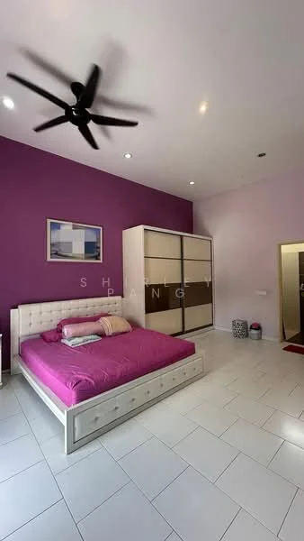 Bedroom features: king-size bed with upholstered headboard, purple accent wall, white painted walls, white tile flooring, 5-blade ceiling fan, built-in wardrobe with sliding doors, framed artwork, recessed downlights; style: modern.