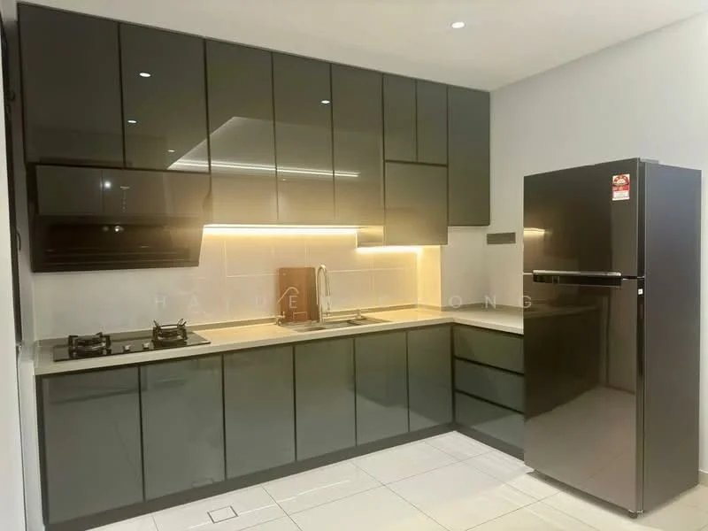 Kitchen features: black high-gloss cabinetry, white quartz countertop, built-in gas hob, built-in oven, stainless-steel sink, chrome pull-down faucet, refrigerator with black finish, tile backsplash, recessed LED downlights, white tiled flooring; style: modern.