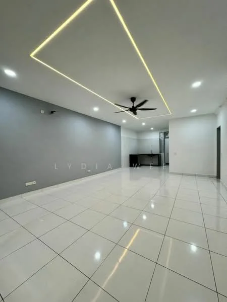 Living features: white painted walls, grey accent wall, polished ceramic tile flooring, 5-blade ceiling fan with light, recessed LED downlights, open layout, large windows, no visible furniture; style: modern.