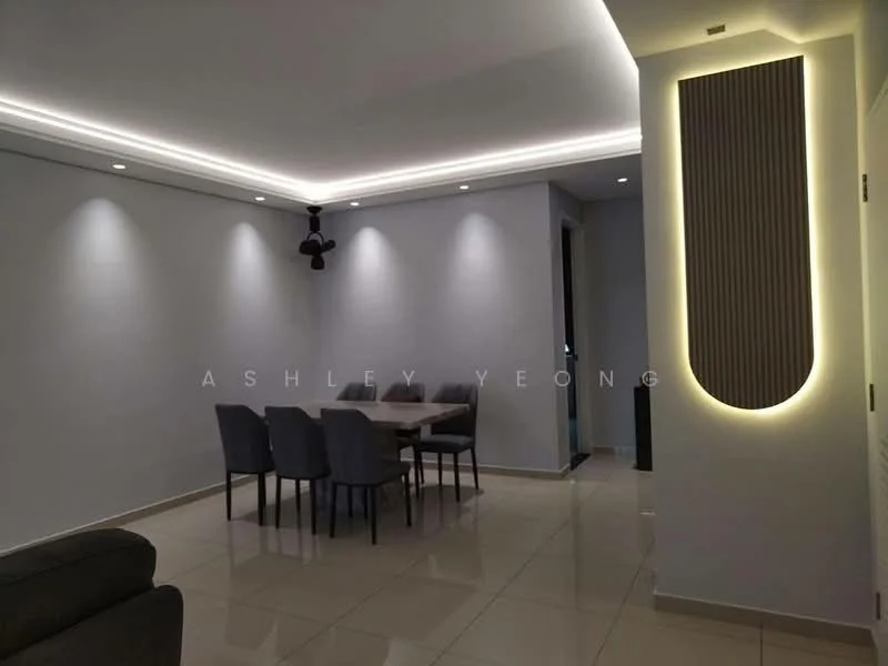 Dining features: dining table with chairs, recessed LED downlights, wall-mounted LED feature lighting, cream painted walls, glossy tile flooring, ceiling fan, neutral color palette, open layout; style: modern.