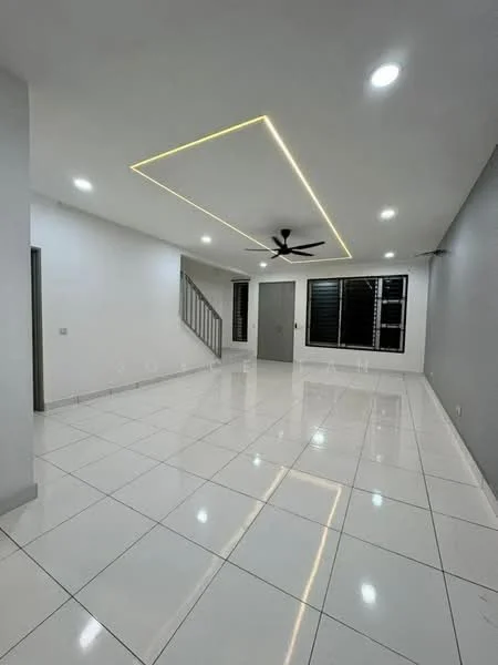 Living features: white painted walls, grey accent wall, polished ceramic tile flooring, tray ceiling with LED strip lighting, 5-blade ceiling fan, floor-to-ceiling windows, blackout curtains, open staircase, door to hallway; style: modern.