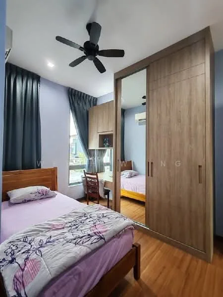 Bedroom features: queen-size bed with purple bedding, wooden bed frame, built-in wardrobe with sliding mirror doors, wooden study desk, chair, ceiling fan with 3 blades, floor-to-ceiling window with sheer curtains, wooden flooring, blue painted walls, air conditioning unit; style: modern.