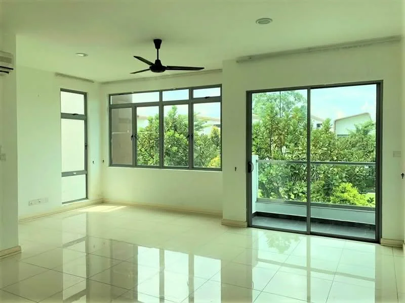 Living features: white painted walls, polished ceramic tile flooring, 5-blade ceiling fan, floor-to-ceiling windows, sliding glass door, balcony access, natural light from multiple windows, view of greenery; style: modern; view: garden.