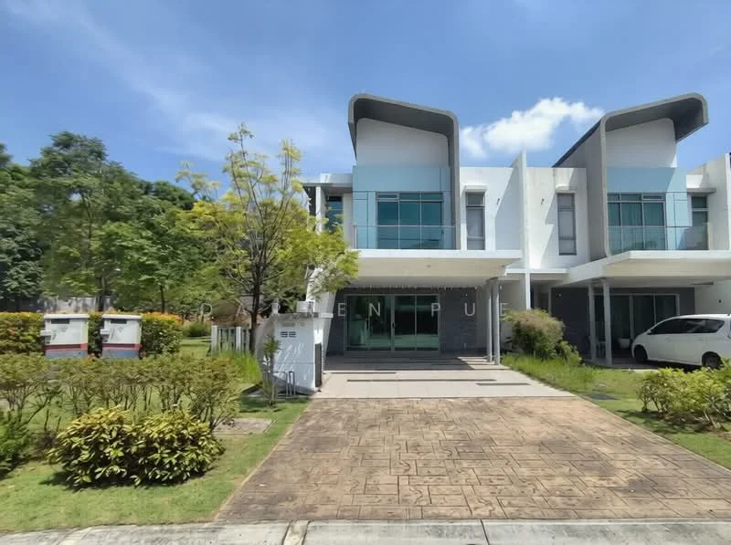 Exterior type: semi-detached house; features: white painted facade, glass windows, manicured lawn, tropical landscaping, paved driveway, two-storey structure, balconies on upper level, modern architectural design; style: modern.