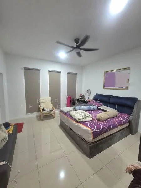 Bedroom features: king-size bed with purple bedding, upholstered headboard, 2 bedside lamps, wooden chair, floor-to-ceiling windows, roller blinds, light-colored walls, glossy tile flooring, ceiling fan with light, framed mirror on the wall; style: modern.
