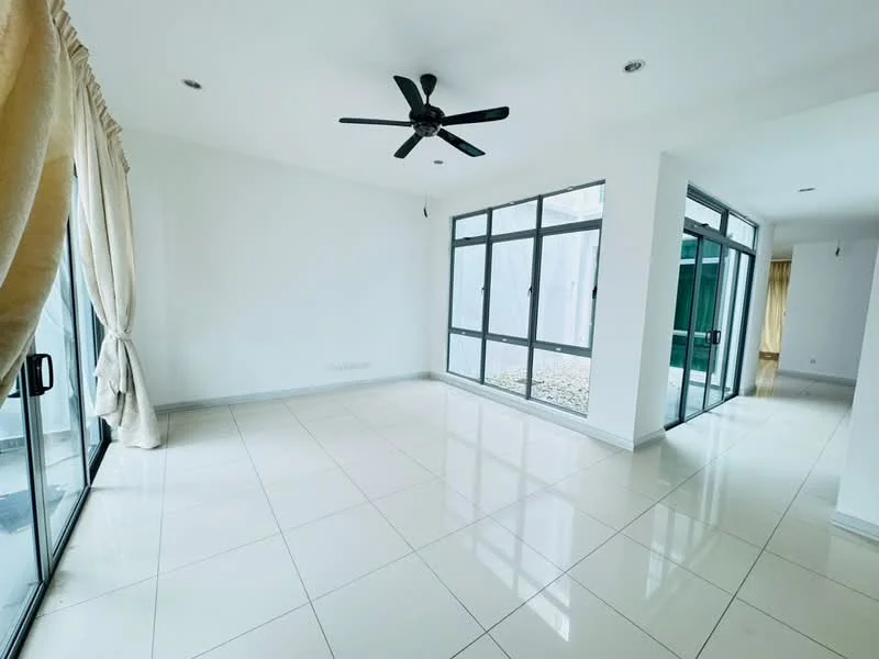 Living features: white painted walls, glossy ceramic tile flooring, 5-blade ceiling fan, floor-to-ceiling windows, sheer curtains, sliding glass door, natural light, open layout; style: modern; view: garden.