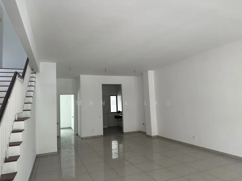 Room features: white painted walls, grey tiled flooring, staircase with wooden steps, recessed downlights, large windows, open layout, doorway leading to another room, doorway leading to kitchen area; style: modern.