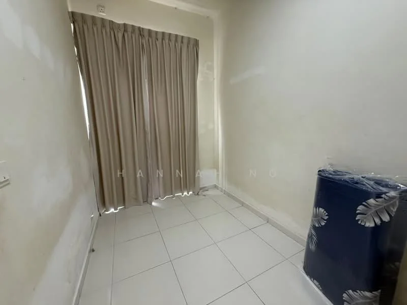Room features: white painted walls, light-colored curtains, white tiled flooring, natural light from window, unfurnished, corner of the room, plastic-wrapped item, minimal decor.