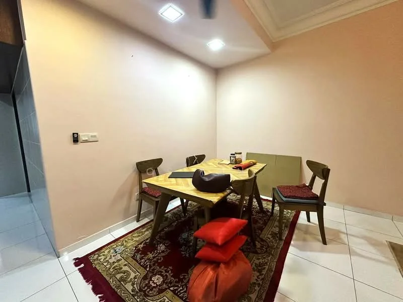Dining features: square wooden dining table, 4 wooden dining chairs, red and gold patterned area rug, white tiled flooring, recessed LED downlights, cream painted walls, decorative ceiling with crown moulding, red cushions on chairs; style: modern.
