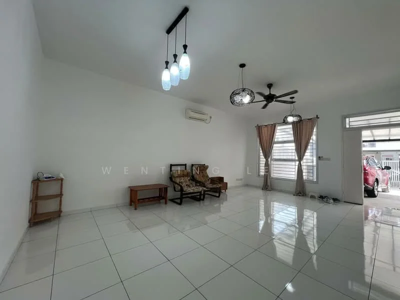 Living features: white painted walls, glossy white tile flooring, 5-blade ceiling fan with light, 3 pendant lights, large windows with sheer curtains, sliding glass door, wooden coffee table, 2 wooden armchairs, air conditioning unit; style: modern.