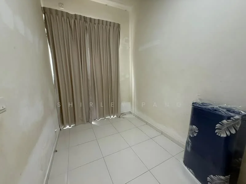 Room features: white painted walls, tile flooring, curtains, window, blue wrapped item.