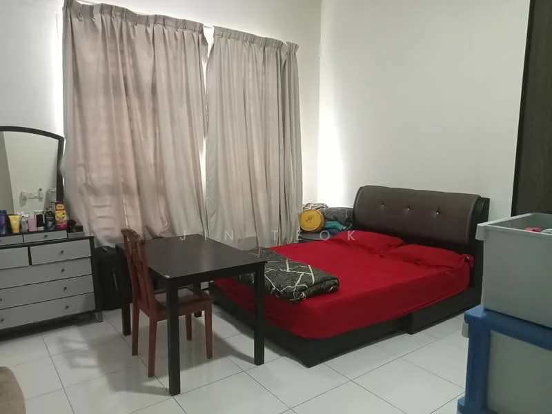Bedroom features: queen-size bed with red bedding, upholstered headboard, wooden bedside table, wooden dining table with two chairs, full-length mirror, dresser with multiple drawers, curtains in light fabric, white tiled flooring.
