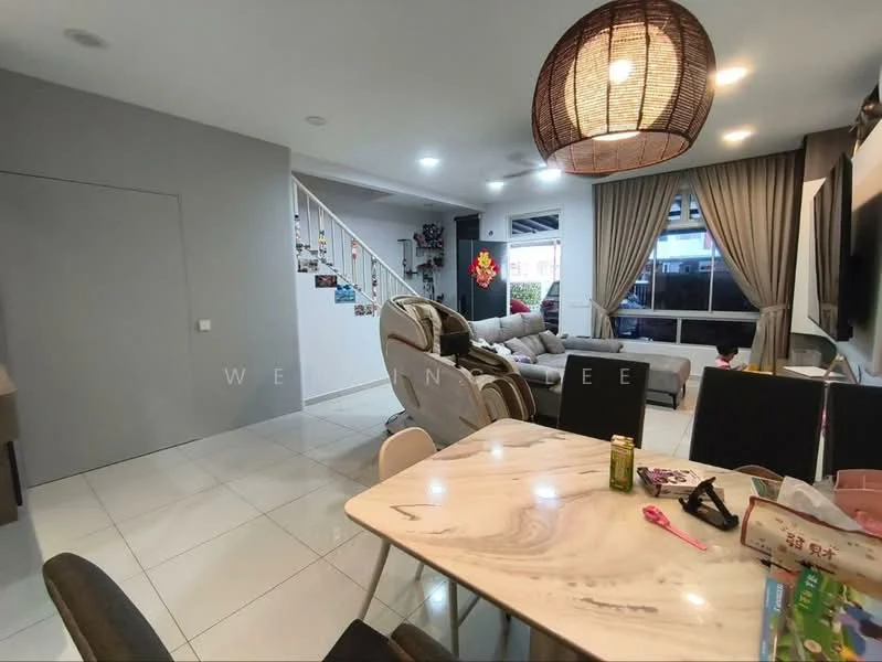 Living features: grey painted walls, white tiled flooring, large window with sheer curtains, recessed downlights, sofa in light grey fabric, coffee table with marble top, TV console with wall-mounted TV, decorative wall art, area rug with geometric pattern, ceiling light fixture in woven design; style: modern. Dining features: dining table with marble top, 4 dining chairs in black, decorative items on the table, open shelving unit, wall-mounted decor, floor-to-ceiling window, grey accent wall; style: modern.