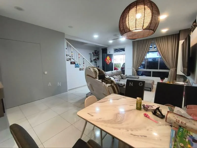 Living features: grey painted walls, white ceiling, large window with sheer curtains, sofa in light grey fabric, coffee table, TV console with wall-mounted TV, decorative wall art, area rug, recessed downlights, ceiling light fixture, open staircase with white railing; style: modern. Dining features: marble-top dining table, 4 dining chairs, decorative items on the table, white cabinetry, tile flooring; style: modern.