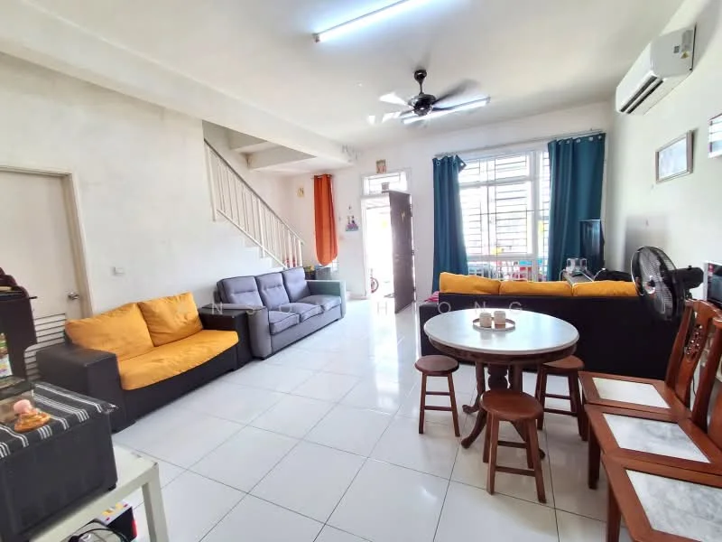 Living features: grey fabric sofa, orange fabric sofa, round dining table, 3 wooden dining chairs, white tiled flooring, white painted walls, ceiling fan, wall-mounted air conditioning unit, large windows with blue curtains, decorative wall art, open layout, natural light; style: modern.