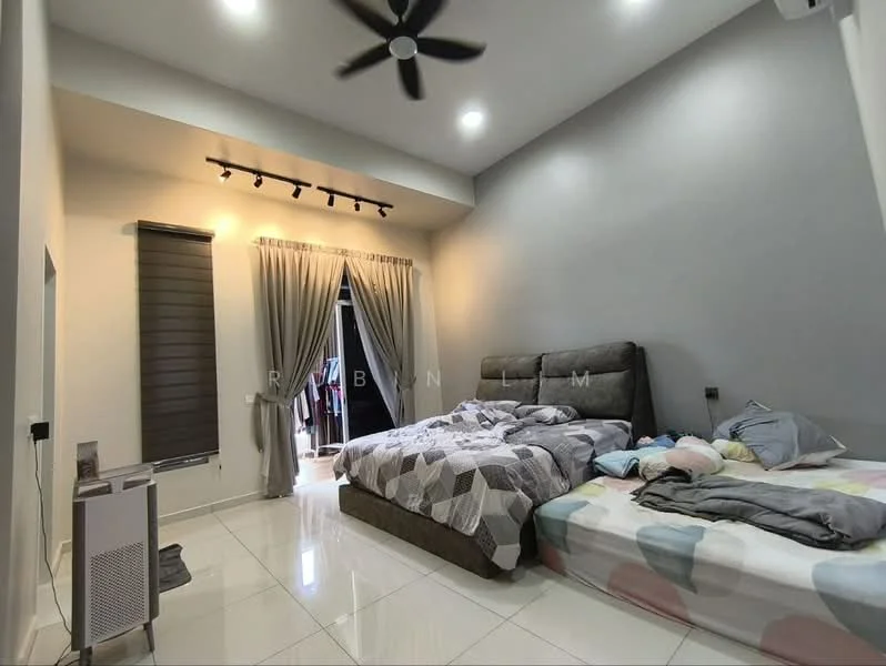 Bedroom features: grey accent wall, white painted walls, tray ceiling, recessed downlights, 5-blade ceiling fan, floor-to-ceiling window with roller blinds, double bed with upholstered headboard, single bed with bedding, white tile flooring, curtains, decorative pillows; style: modern.