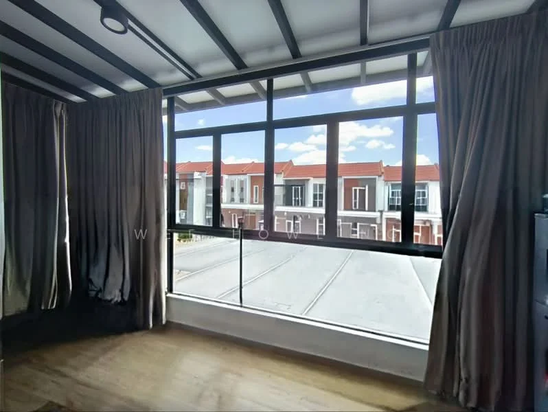 Room features: large floor-to-ceiling windows, curtains, wooden flooring, exposed beams on ceiling, natural light, view of street, view of neighboring houses, neutral wall color; style: modern; view: street.