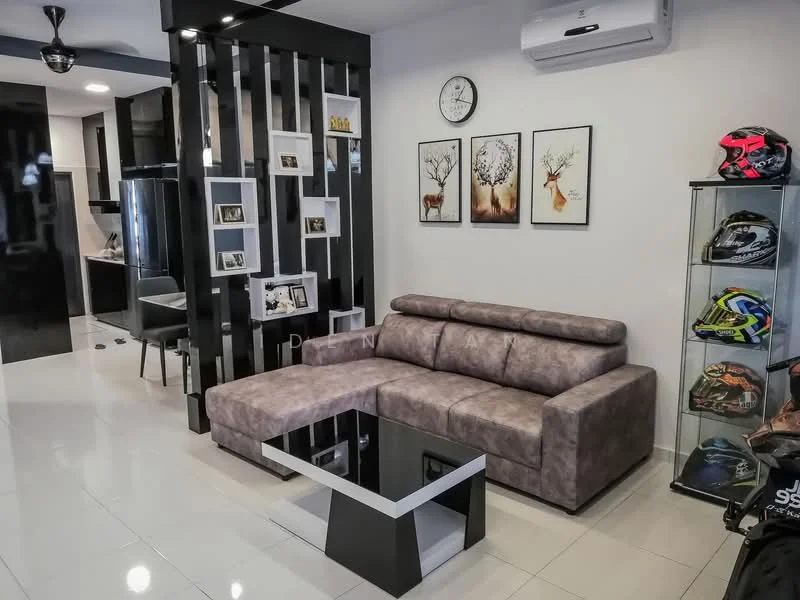 Living features: L-shape sectional sofa in grey, glass coffee table, black accent wall with vertical slats, white painted walls, recessed ceiling lights, wall-mounted clock, framed artwork with animal prints, display cabinet with glass shelves, floor tiles in glossy white, air conditioning unit on wall; style: modern. Kitchen features: open-plan layout, black cabinetry, stainless-steel appliances, countertop with bar seating, pendant lighting over counter; style: modern.