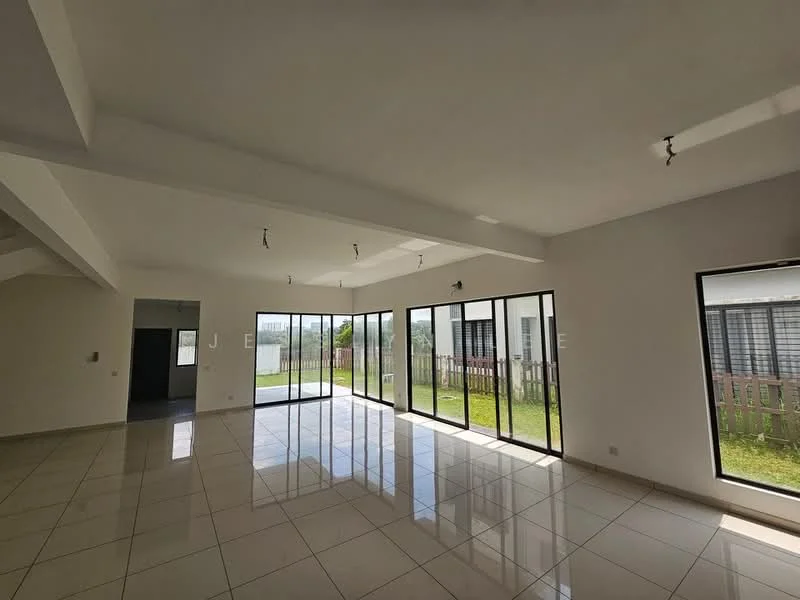 Room features: white painted walls, polished ceramic tile flooring, tray ceiling, floor-to-ceiling windows, sliding glass door, natural light from windows, view of garden, recessed downlights; style: modern; view: garden.
